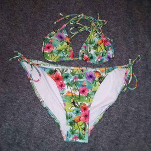 OP Tropical Print Triangle String Bikini Top Size Medium Bottom Size XL